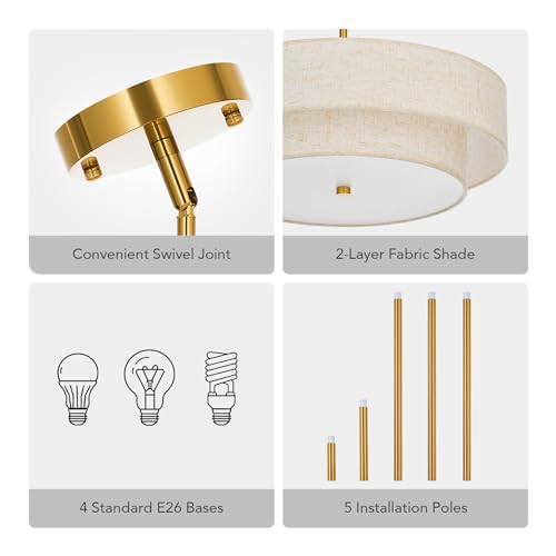 4-Light Drum Chandeliers, 18" Pendant Light Fixture with 2-Layer Fabric Shade E26 Bases, Adjustable Swivel Joint Hanging Light Fixture for Bedroom Living Room Kitchen Hallway, Antique Brass