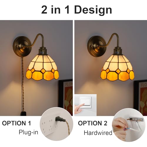 Wall Sconce, Wall Mounted Lamps with Green Checker Sconce, Stained Glass Shade Brass Wall Lights Fixture with Plug in Cord and Switch for Bedroom Bathroom Living Room Hallway