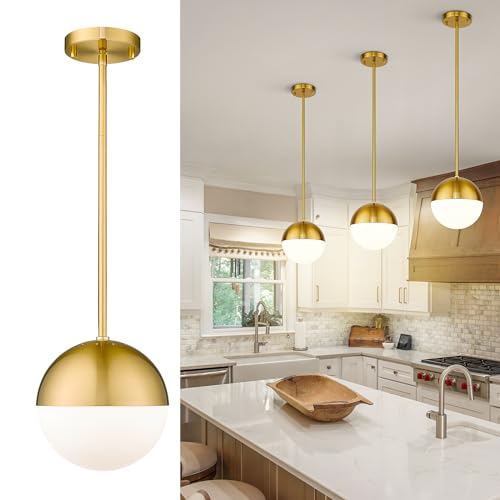 Modern Pendant Lighting Gold Globe Pendant Light Fixture, Mid Century Chandelier One Light Hanging Fixture for Kitchen Island, Adjustable Indoor Lighting for Dinning Room Bedroom, LMS-187