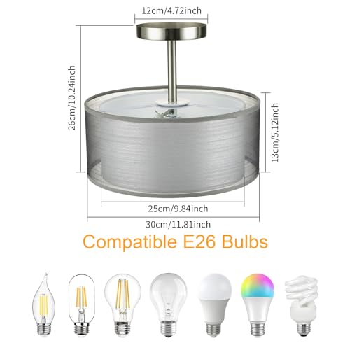 3-Light Semi Flush Mount Ceiling Light Fixture - Easric Modern Light Fixtures Ceiling Mount Drum Light Fixture with Double Fabric Shade Closed to Ceiling Lamp for Bedroom Kitchen Hallway Foyer, White