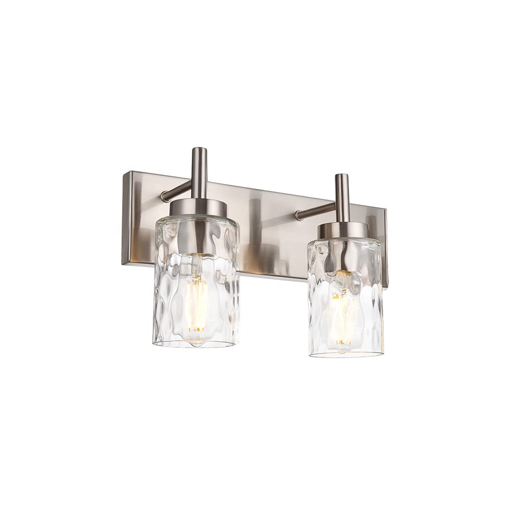 Bathroom Light Fixtures Modern 2 Light Brushed Nickel Vanity Light Wall Sconces Contemporary Metal Wall Lights with Clear Water Glass Shade,Industrial Farmhouse Porch Hallway Wall Mount Lamp