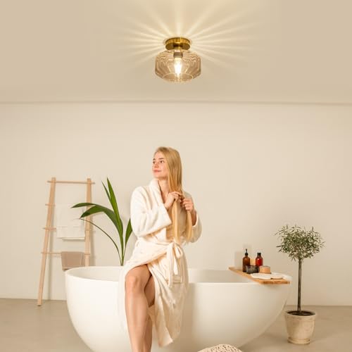 semi Flush Mount Ceiling Light Fixture with Textured Glass Brass Metal Base Includes 1200 lumens LED Bulbs Gold Hallway Light Fixtures Modern Ceiling Light Suitable for entryway Bathroom