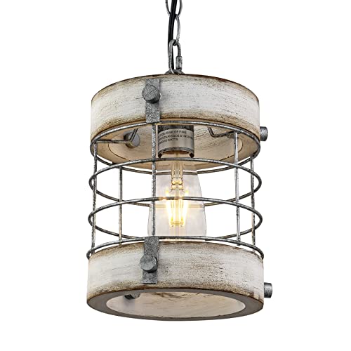 Retro Industrial Metal and Wood Chandelier 1-Light Round Cage Pendant Light Fixture for Kitchen Island Foyer Hallway Bar Dining Room Restaurant, D 7.9" x H 8.7" (White)