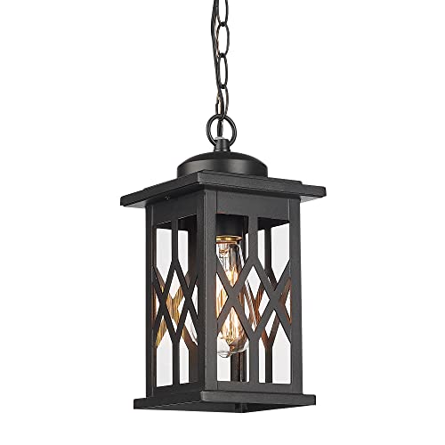 Outdoor Pendant Lights, Farmhouse Exterior Hanging Light Fixture, Outdoor Hanging Light Fixture with Adjustable Chain, Anti-Rust Black Frame with Clear Glass, 4FD66H BK