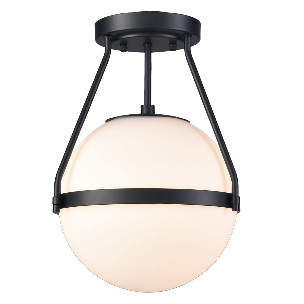 Modern Globe Semi Flush Mount Ceiling Light,Black Ceiling Light Fixture with Opal Glass 7Inch/18CM,Mid Century Kitchen Light Fixtures Hallway Light Fixtures Ceiling for Bedroom Kitchen