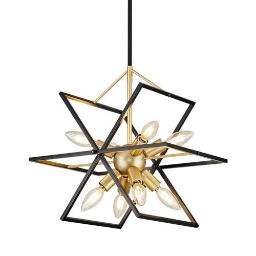 Modern Small Black and Gold Chandelier, Geometric Lantern Dining Room Pendant Light Fixture, 8-Light Industrial Metal Hanging Lighting Fixtures for Kitchen, Entryway, Foyer