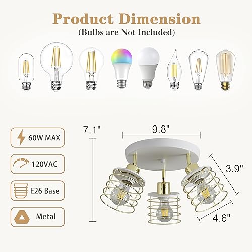 Semi Flush Mount Ceiling Light Fixture, Adjustable 3-Lights Kitchen Light Fixtures Ceiling Mount, Multi-Directional Ceiling Lights for Kitchen Farmhouse Hallway Dining Room Entryway (White & Gold)