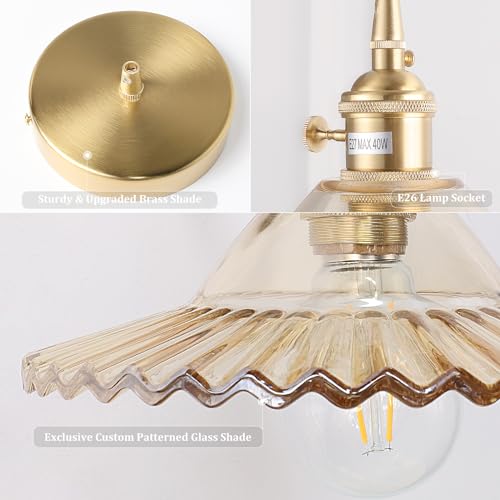 Pendant Light with White Pleated Ceramic Lmapshade, Brass Vintage Pendant Light Adjustable Hanging Light for Kitchen Island Dining Room Hallway 7.87 Inch Diam