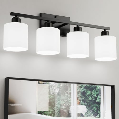 Black Bathroom Light Fixtures Over Mirror, Rustproof Vanity Lights for Bathroom, Modern 3-Light Wall Sconces for Living Room, Milky White Glass Shades, Standard E26 Base, Bulbs Not Included