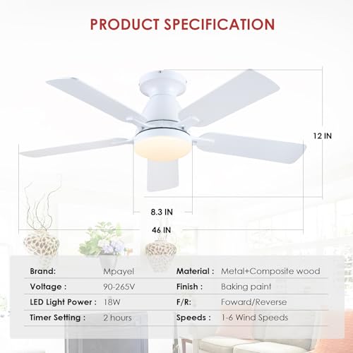 Ceiling Fans with Lights- 46"Low Profile Indoor Ceiling Fan with Light and Remote/APP Control, Flush Mount, LED Dimmable DC Reversible Modern Ceiling Fan for Bedroom（Black）