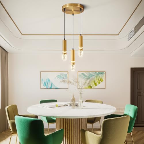 3-Light Hanging Pendant Light Fixtures, Modern Kitchen Island Light Fixture, 36W LED Pendant Lighting Dimmable Hanging Chandelier for Dining Room Bedroom Hallway, Gold Metal Pendant Lamp