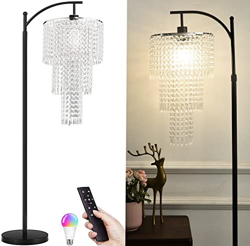 Arc Floor Lamps for Living Room Modern Crystal Floor Lamp with Remote Control,Dimmable LED Floor Lamp Crystal Lampshade Black Standing Lamp with 10 Color Temperature Tall Floor Lamp For Bedroom Corner