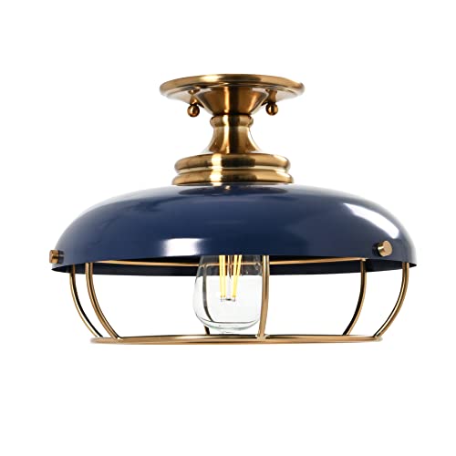 Caged Dome Metal Semi-Flush Mount Ceiling Light, Brushed Brass and Navy Blue