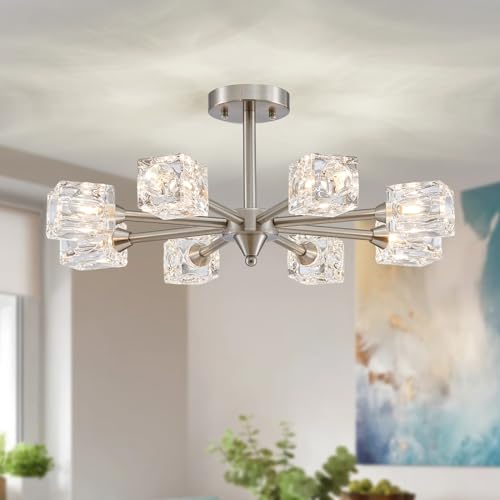 XINGQI Gold Chandelier Sputnik 8-Light Modern Farmhouse Glass Light Fixtures Rectangle Linear Chandelier for Dining Room Living Room Bedroom Kitchen Island