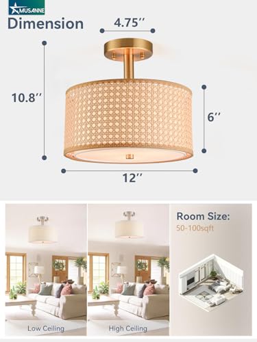 Semi Flush Mount Ceiling Light, Linen Fabric 12'' Drum Ceiling Light Fixture,Modern Gold Brass 3-Light Close to Ceiling Light Fixture for Dining Room Bedroom Living Room Hallway Kitchen