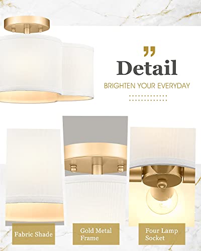 Gold Semi Flush Mount Ceiling Light, Close to Ceiling Light Fixtures with Fabric Shade in Quatrefoil Shape, Farmhouse Brass Ceiling Light for Kitchen Dining Hallway Bedroom, AD-22007-4SF-GD