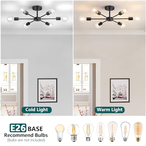 6-Lights Semi Flush Mount Ceiling Light, Matte Black Close to Ceiling Lighting with E26 Base, Modern Sputnik Light Fixtures for Kitchen Dining Room Bedroom Living Room