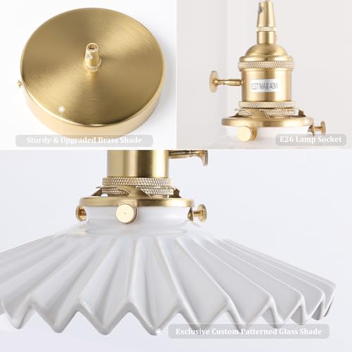 Pendant Light with White Pleated Ceramic Lmapshade, Brass Vintage Pendant Light Adjustable Hanging Light for Kitchen Island Dining Room Hallway 7.87 Inch Diam