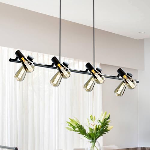 Farmhouse Chandeliers Black Linear Chandelier,8-Light Modern Dining Room Light Fixture with E26 Blubs, Industrial Rustic Metal Hanging Light Fixtures for Living Room Bedroom Entryway Kitchen