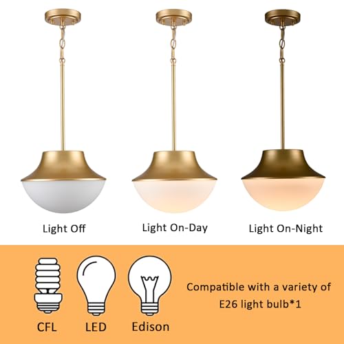 Modern Gold Semi Flush Mount Ceiling Light Fixture Brass Metal Round Bowl Shape Milk Glass Light Fixture Ceiling Mount for Bathroom Bedroom Hallway Entrance Staircase Office Living Room