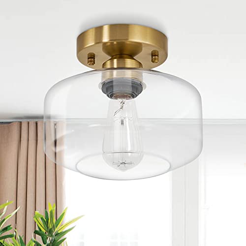 Semi Flush Mount Ceiling Light, 8.66" Clear Glass Shade, Brass Accent Socket, Modern Ceiling Light Fixture with Black Finish for Kitchen, Hallway, Entryway, Dining Room, Cafe, Bar