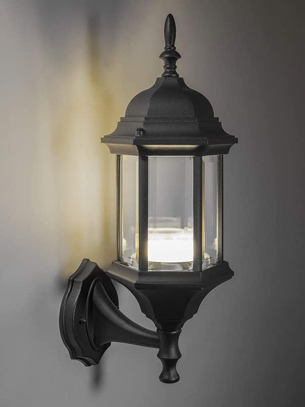 Small Straight Hex Pendant Mount LED Lantern for Porch, Patio, Deck, Damp Location, Built in LED Gives 75W of Light from 9.5W of Power, Durable Cast Aluminum with Black Finish & Clear Glass