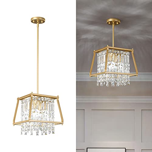 4-Light Dining Room Light Fixture 11.81 inch Square Lndustrial Farmhouse Chandelier Gold Metal Crystal Pendant Light for Kitchen Island Dining Room Living Room Flat and Inclined Ceiling