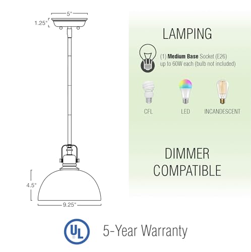 9" Contemporary Industrial Pendant Light, Adjustable Length + Shade Swivel Joint, Brushed Brass Finish