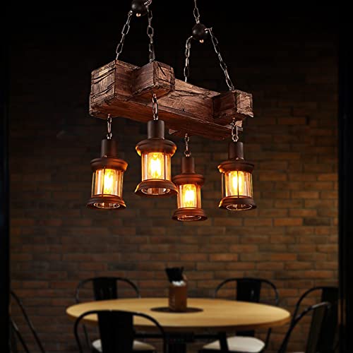 8 Lights Industrial Retro Wooden Chandelier Pendant Light Island Hanging Ceiling Fixture Vintage Farmhouse Wood Light Adjustable Chain for Home Cafe Bar Restaurant (39.4")