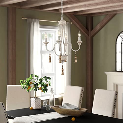 2024 New French Country Chandeliers for Dining Room, Handmade Grey Wood 4-Light Rustic Farmhouse Coastal Distressed Pendant Light for Kitchen Foyer Entryway Bedroom, with 4 Gold Wooden Pendants