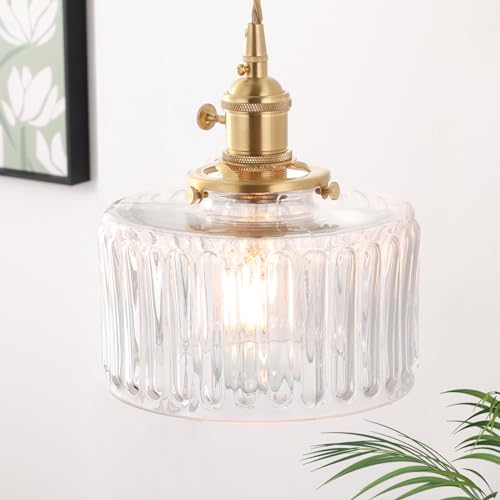 Pendant Light with White Pleated Ceramic Lmapshade, Brass Vintage Pendant Light Adjustable Hanging Light for Kitchen Island Dining Room Hallway 7.87 Inch Diam