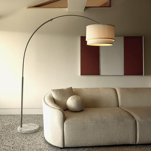 Modern Corner Standing Lamp with Unique Hanging Drum Lamp Shade for Living Room - Bright Overhead, Curved Hanging Light for Bedroom. Library, Den - Bronze