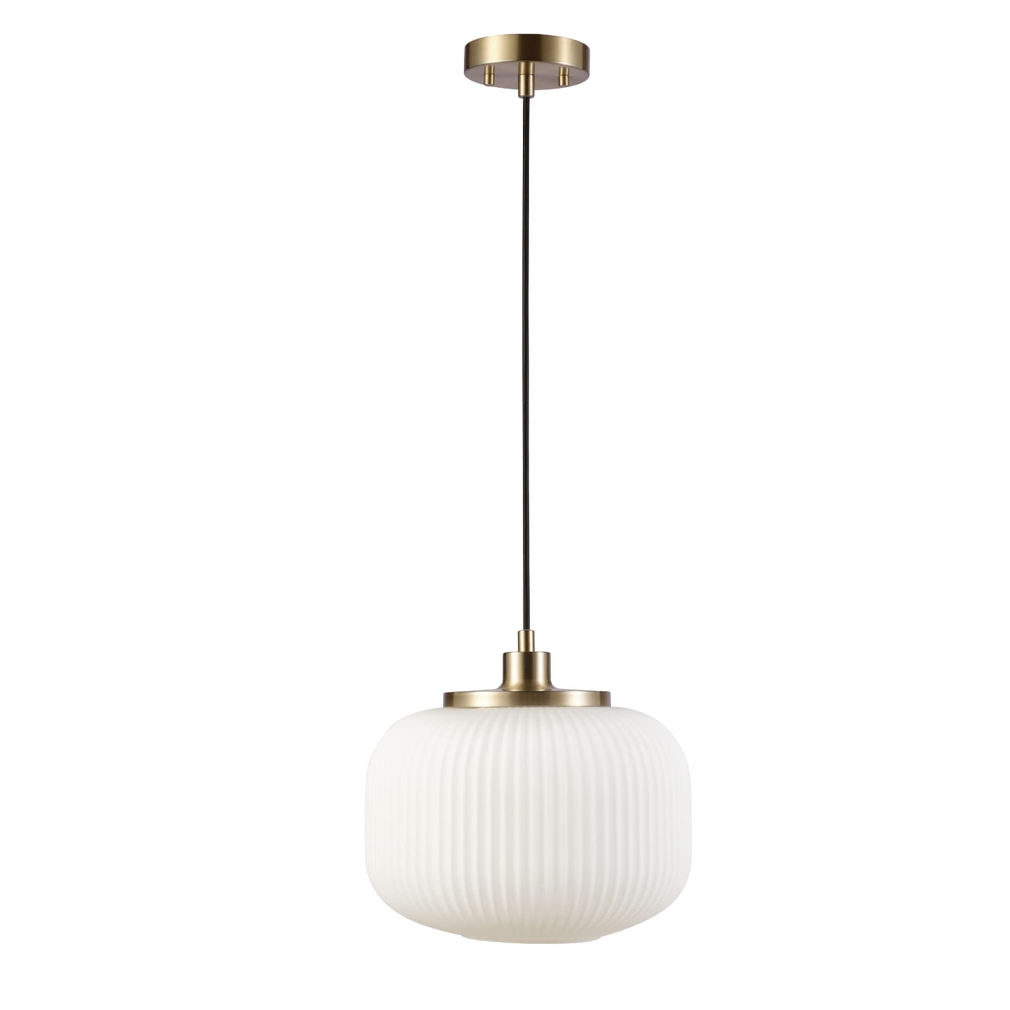 1-Light Pendant Lighting, Matte Brass, Frosted Ribbed Glass Shade, Bulb Not Included