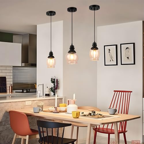 WILON Industrial Pendant Lighting, Pendant Lights for Kitchen Island 3 Light Glass Pendant Light Fixture with Seeded Glass Shade, Adjustable Cord Farmhouse Ceiling Light Black finish Linear Chandelier