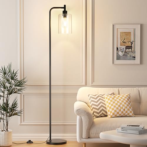 Industrial Floor Lamp with Glass Shade - Black, LED Bulbs, Foot Pedal Switch, Easy Assembly