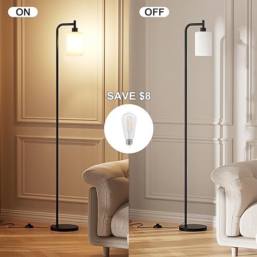 Industrial Floor Lamp with Glass Shade - Black, LED Bulbs, Foot Pedal Switch, Easy Assembly