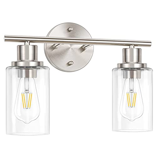 Vanity Wall Light Fixtures, Modern 3 Lights Wall Sconce with Clear Glass Shade, Brushed Nickel Farmhouse Wall Lamp for Bathroom Mirror Kitchen Porch Living Room Workshop (E26 Base)