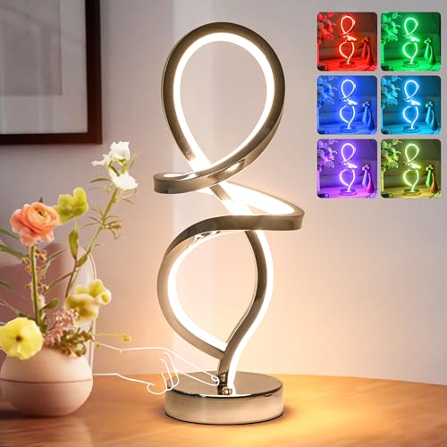 Modern Table Lamp, LED Spiral Lamp, Black Bedside Lamp with Stepless Dimming Switch, Contemporary Nightstand Lamp, LED Lamp for Bedroom Living Room Home Office, 12W, 3200K Warm White