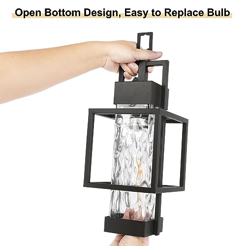 15" Dusk to Dawn Outdoor Pendant Light Exterior Hanging Lantern, Modern Black Metal Outside Chandelier Light Fixture Ceiling Mount with Water Glass for Front Porch Entrance Foyer Entryway