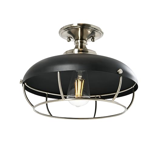 Caged Dome Metal Semi-Flush Mount Ceiling Light, Brushed Brass and Navy Blue