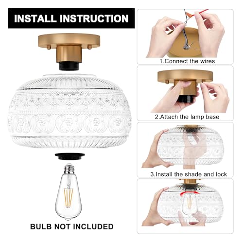 Semi Flush Mount Ceiling Light, Upgraded Modern Close to Ceiling Light Fixture with Clear Glass,Gold Indoor Kitchen Lighting for Porch Corridor Hallway Bedroom, Bulb Not Included