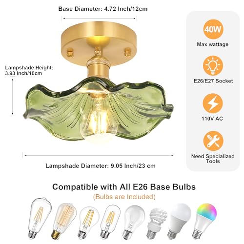 Semi Flush Mount Ceiling Light, Gold Hallway Vintage Lights Fixture Ceiling with Amber Peony Glass, Bulb Included, 4.72" Base Modern Ceiling Light Fixtures for Kitchen Bedroom