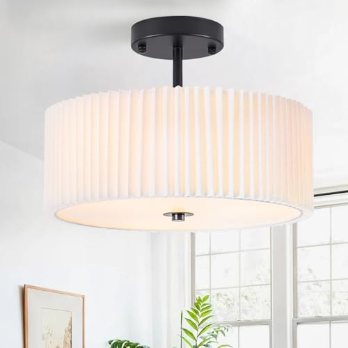 Semi Flush Mount Ceiling Light,12.5 inch Ceiling Light Fixture,Black Flush Mount Light Fixture with Pleated Fabric Drum Shade,Light Fixtures Ceiling Mount for Bedroom,Living Room,Hallway