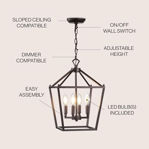 Lantern Dimmable Adjustable Metal LED Pendant Classic Traditional Farmhouse Dining Room Living Room Kitchen Foyer Bedroom Hallway, 10 in, Antique Gold