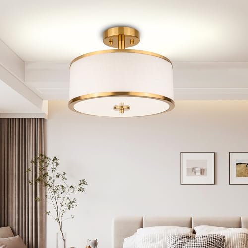 3-Light Semi Flush Mount Ceiling Light Fixture, 12.6" Gold Drum Light with Black Fabric Shade, Modern Close to Ceiling Light for Living Room Bedroom Dining Room Kitchen Hallway Entry Foyer