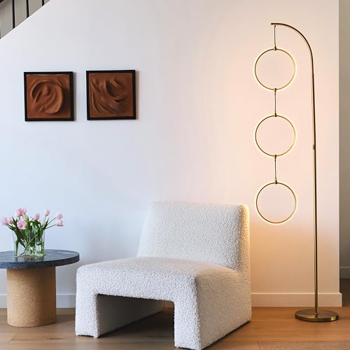 Brightech Nova Modern Floor Lamp - Contemporary Arc Tall Lamp with 3-Circle Ring-Style Pendant - Over the Couch Standing Lamp on Arching Pole - Eclectic Tall Lamp Matches Living Room Décor - Gold