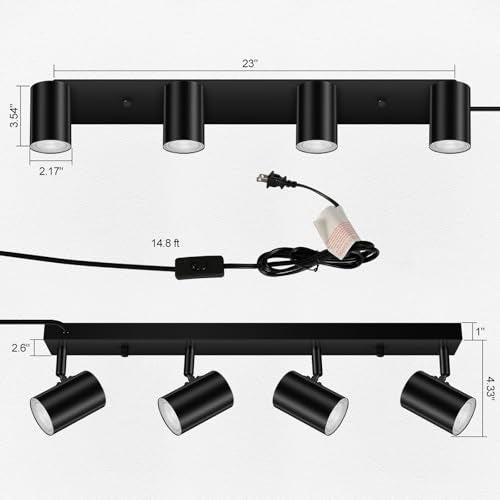 3 Light Track Lighting Kit,Black 3 Way Modern Plug in Ceiling Spotlight,Industrial LED Wall Light for Kitchen Cabinet Gallery Bar Hallway Living Room,Rocker Switch,15 Foot Cord(No Bulb)