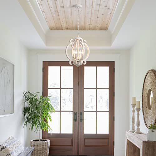 Farmhouse Chandelier for Dining Room 4 Light French County Chandelier White Wooden Rustic Pendant Light Fixtures for Hallway Foyer Living Room Entryway Kitchen Island Bedroom