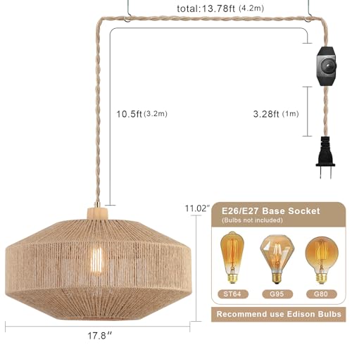 Coastal Large Woven Pendant Light Fixture 17.8 inch One-Light Adjustable Natural Hemp Rope Cage Pendant Lighting for Kitchen Island Dining Room Living Room Farmhouse