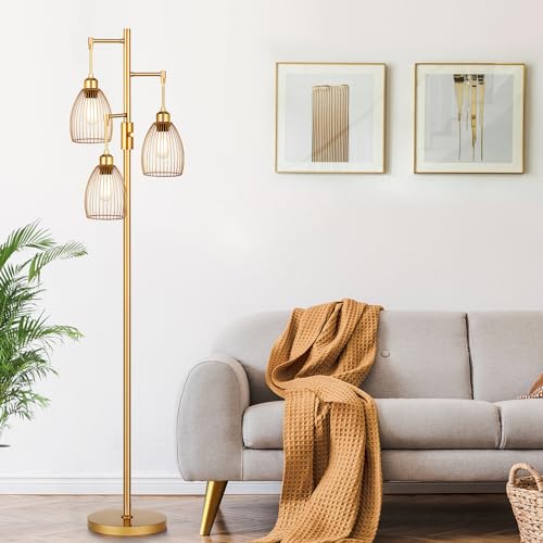 Dimmable Floor Lamp, Industrial Floor Lamps for Living Room, Gold Tree Lamp Standing Lamp Tall Lamps with 3 Elegant Teardrop Cage Head & 800 Lumens LED Bulbs for Living room Bedroom Office